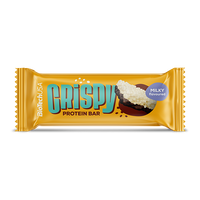 BioTechUSA Crispy Protein Bar - proteínová tyčinka s mliečnou príchuťou, polomáčaná v kakaovej poleve, s mliečnym bielkovinovým extrudátom, s kúskami chrumkavých sušienok, cukrami a so sladidlom, bez lepku.