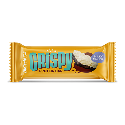 BioTechUSA Crispy Protein Bar - proteínová tyčinka s mliečnou príchuťou, polomáčaná v kakaovej poleve, s mliečnym bielkovinovým extrudátom, s kúskami chrumkavých sušienok, cukrami a so sladidlom, bez lepku.