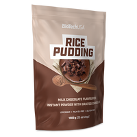 BioTechUSA Rice Pudding - instantný ryžový puding v prášku s príchuťou mliečnej čokolády, bez lepku, s nastrúhanými čokoládovými kúskami, nízkym obsahom cukru a sladidla. BEZ PRÍPRAVY!