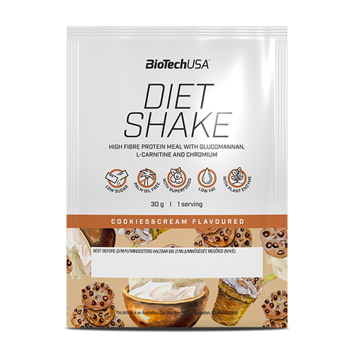 Diet Shake od BioTechUSA je proteínový nápoj v prášku, s vysokým obsahom potravinovej vlákniny, s nízkym obsahom tukov, so superpotravinami, bez palmového oleja.