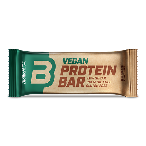 Proteínová tyčinka BioTechUSA Vegan Protein Bar bez obsahu laktózy a lepku, s proteínom z rastlinných zdrojov, chutnou čokoládovou polevou.