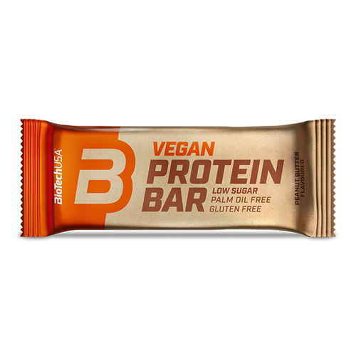 Proteínová tyčinka BioTechUSA Vegan Protein Bar bez obsahu laktózy a lepku, s proteínom z rastlinných zdrojov, chutnou čokoládovou polevou.